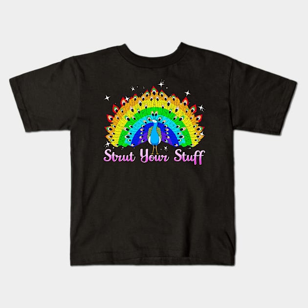 Strut Your Stuff Peacock Rainbow LGBT Pride Kids T-Shirt by theperfectpresents